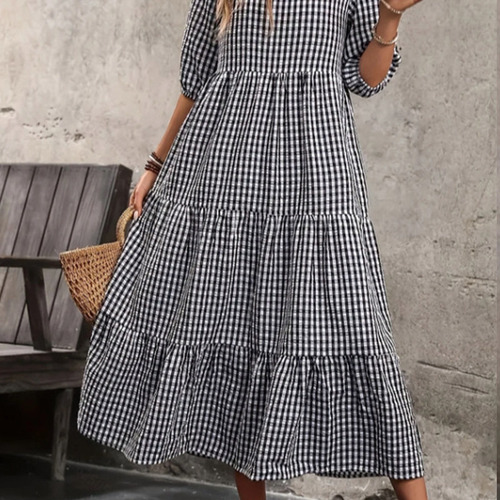 Women's European and American Style Semi-Sleeve Plaid Dress Supply European and American Style New Long Skirt
