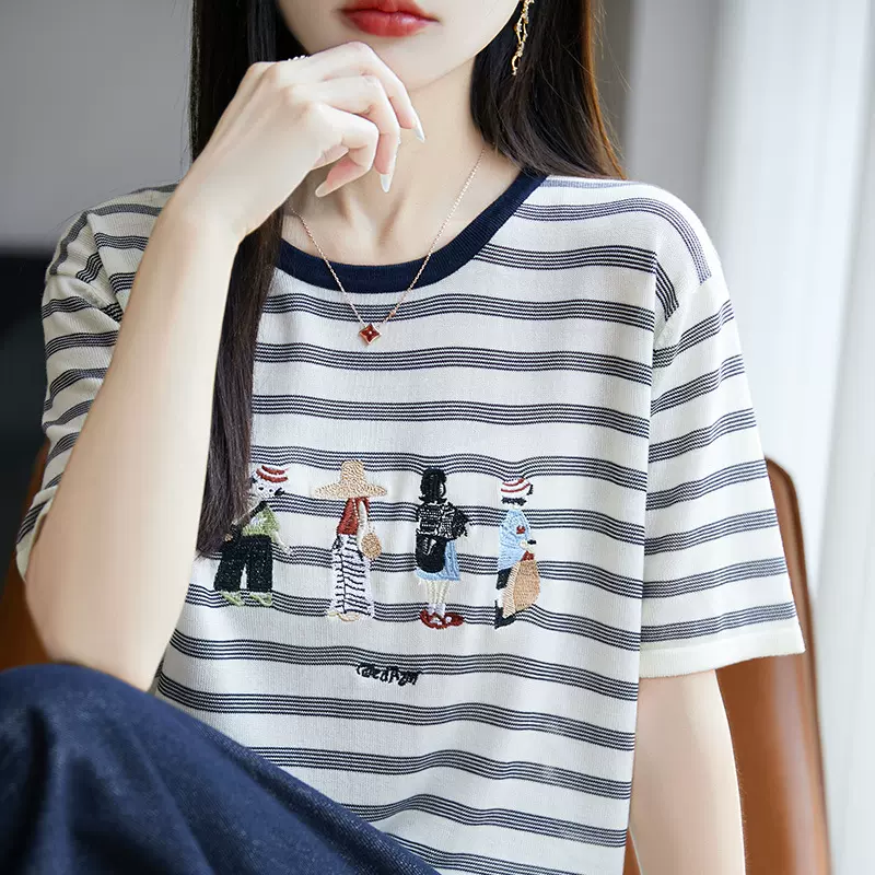 批发重工刺绣针织上衣夏季新款16针莱赛尔丝滑圆领条纹短袖T恤女