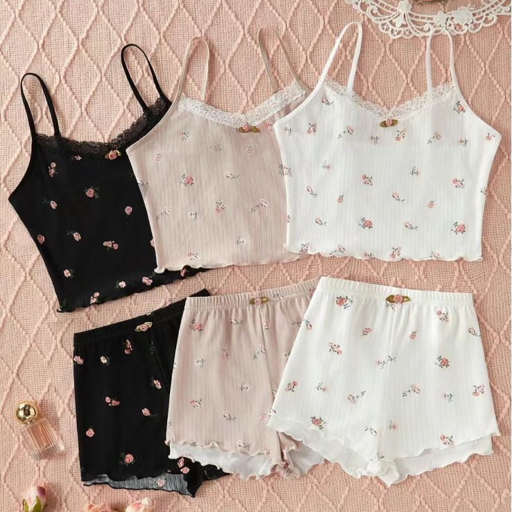 Cross-Border Summer European and American Ribbed Jacquard Home Wear Women's Floral Camisole Shorts Two-Piece Set European and American Style Cross-Border Summer European and American Ribbed Jacquard Home Wear Women's Floral Camisole Shorts Two-Piece Set European and American Style