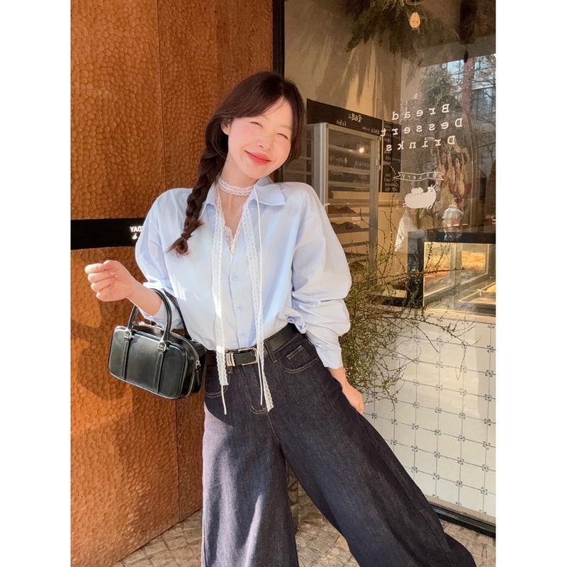胖mm大码POLO领系带衬衫女春季蕾丝洋气宽松别致衬衣长袖外穿上衣|undefined