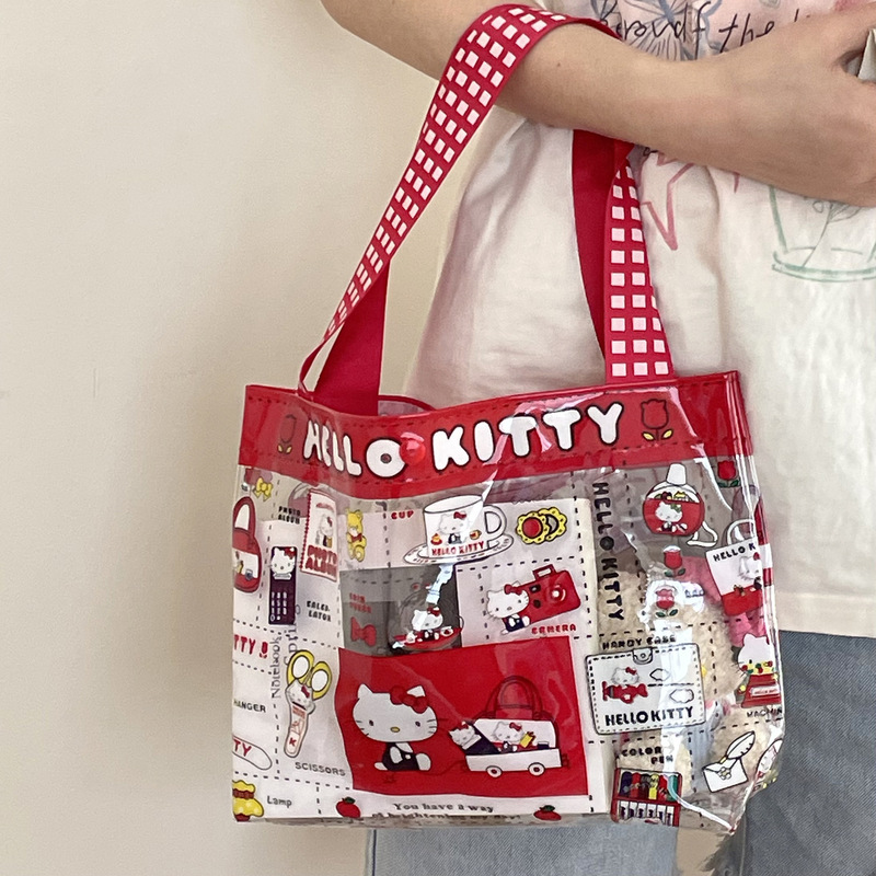 Red Kitty Cat Pvc Handbag Cute Student Transparent Waterproof Large Capacity Swimming Bag Jelly Bag Satchel Handbag