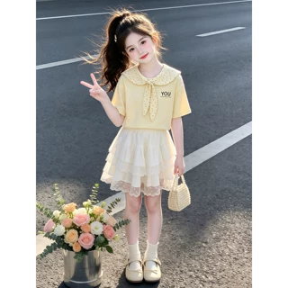 女童学院风套装夏季2026新款儿童洋气短袖t恤女孩夏装蕾丝蛋糕裙