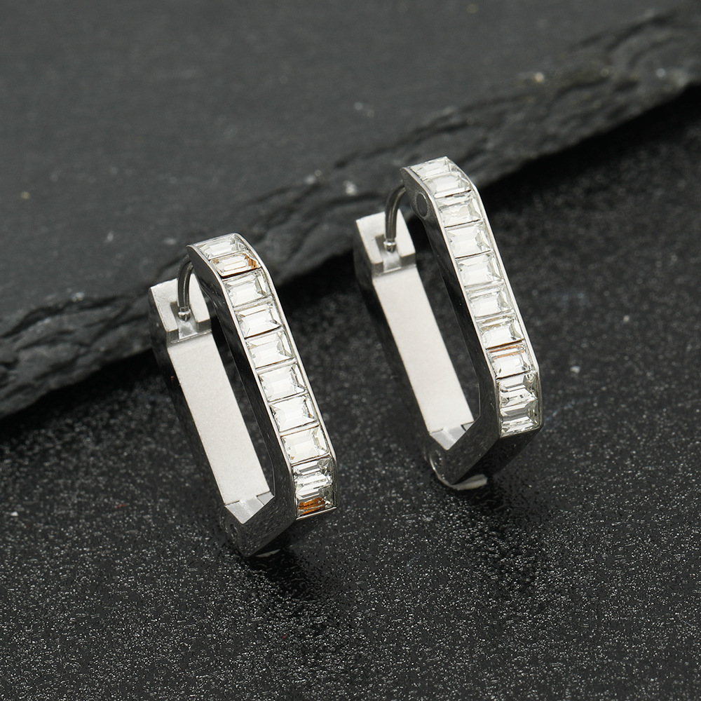 Transfronterizo estilo europeo y americano geométrico rectangular de diamantes incrustados ZIRCON hebilla de oreja de moda para mujer pendientes de acero inoxidable joyería