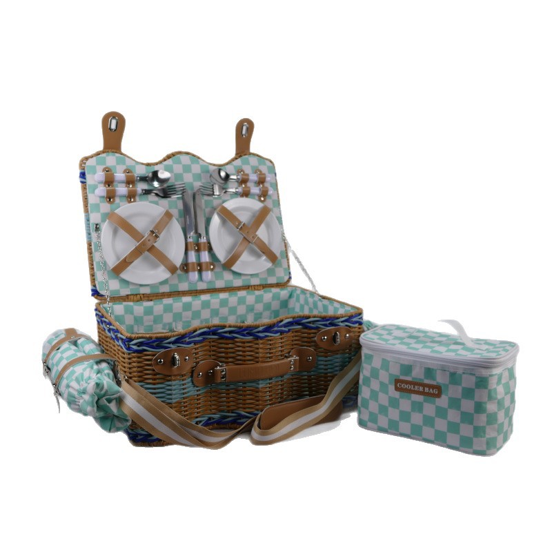 Comercio exterior de alta calidad imitación de caña de plástico trenzado canasta de picnic canasta de almacenamiento de cuatro personas canasta de picnic con almohadilla de picnic