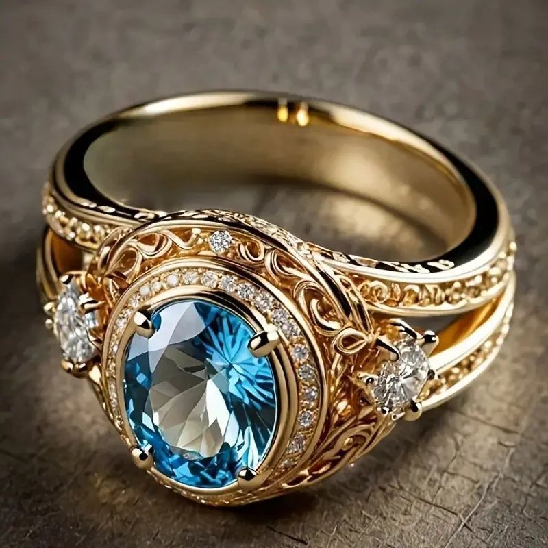 Cross-Border European and American Real Gold Electroplated Gold Inlaid Sapphire Ring Exaggerated Design Fashionable Engagement Party Ring