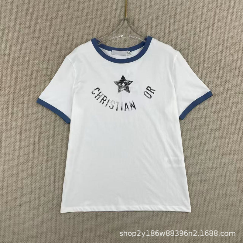 2025 夏の新コントラストカラーエッジ 5 つ星プリントレターラウンドネック半袖 Tシャツ女性のスリムトップ|undefined