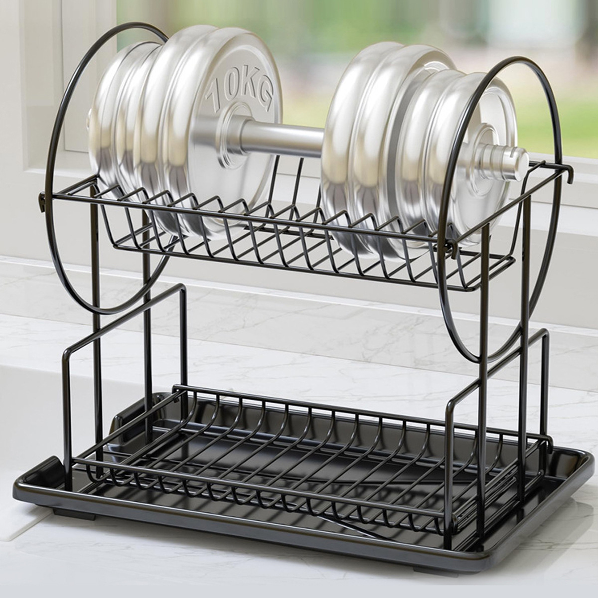 Transfronterizo negro de doble capa de platos con bandeja de agua abierta, estante de platos desmontable con palillos, jaula de tazas colgantes