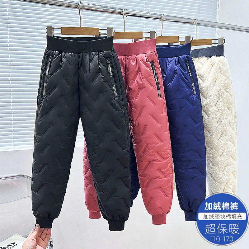 Детские Хлопковые Штаны, утепленные штаны на флисовой подкладке для мальчиков и девочек, зимняя верхняя одежда, большая детская одежда, теплые хлопковые штаны из флиса ягненка