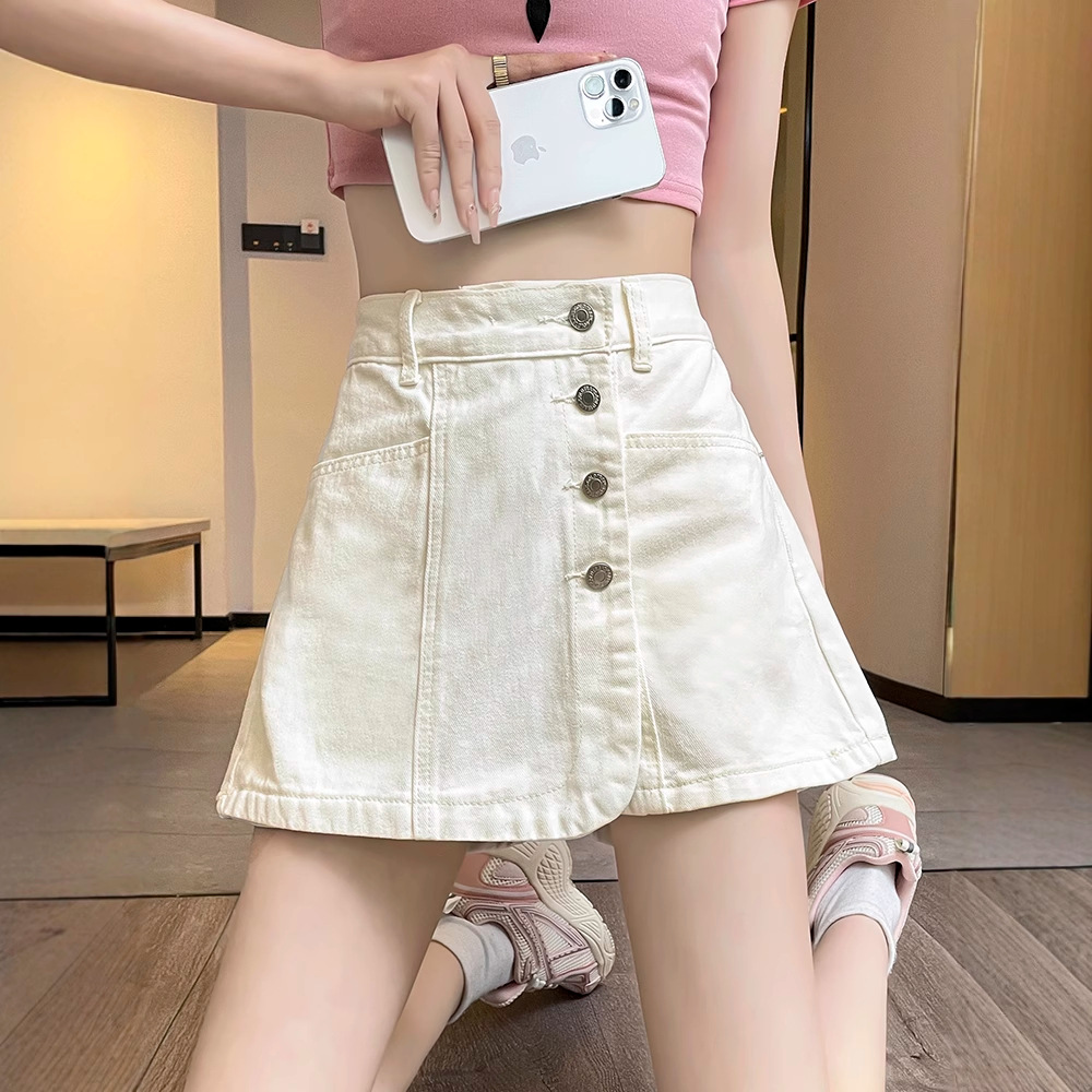 白色排扣牛仔短裤裙女2025年夏季薄款辣妹时尚显瘦宽松高腰短裙子