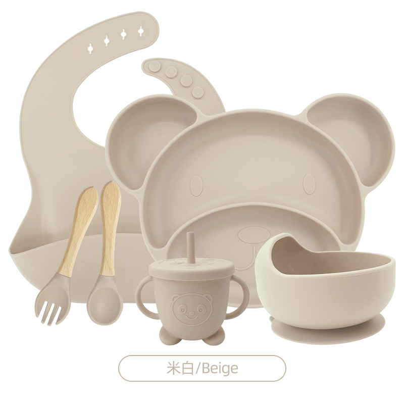 아이보리 6 피스 세트 (턱받이 + 작은 미키 플레이트 + 그릇 + 나무 포크 스푼 + 곰 짚 컵)