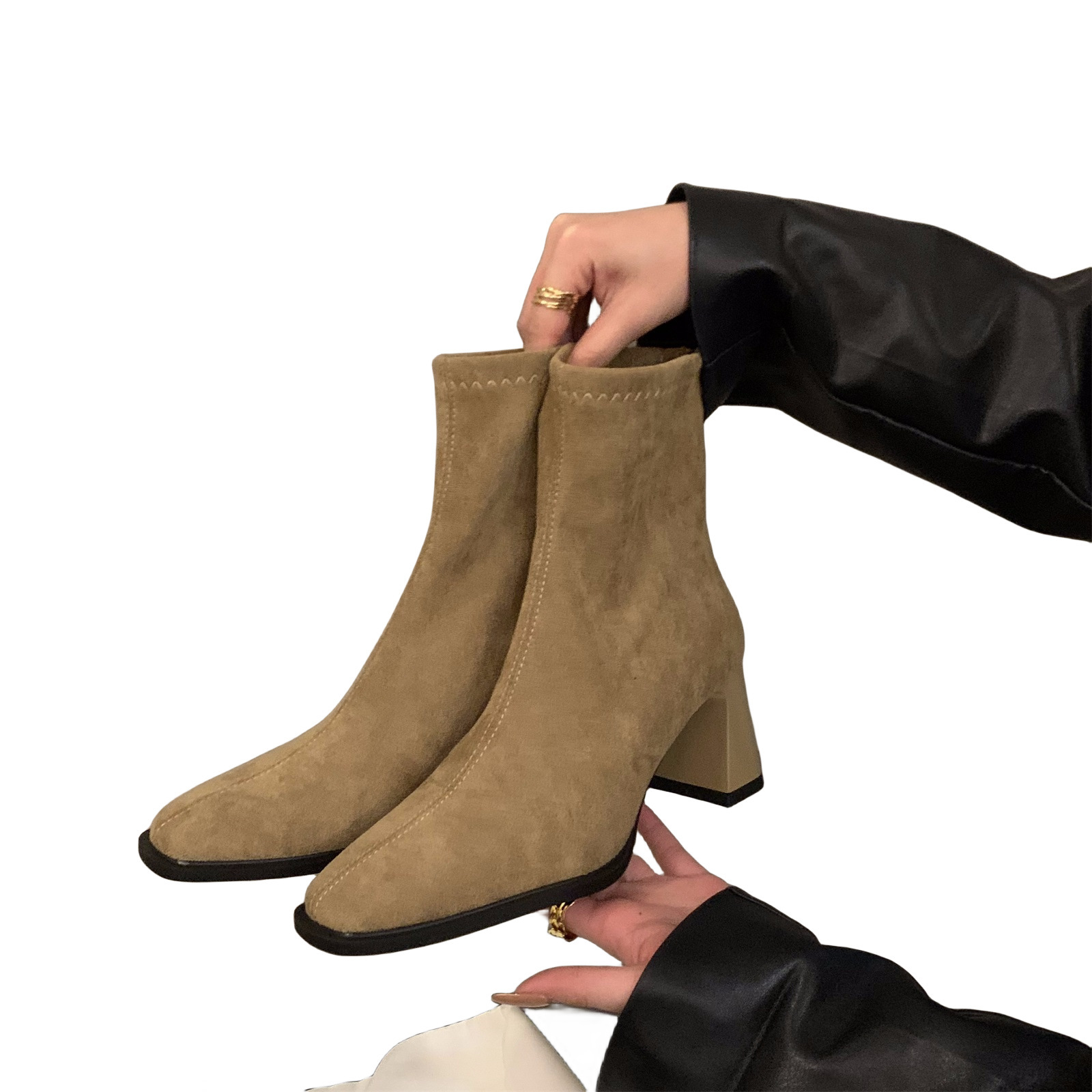 ShoeVault High Heel Korean Style Ankle Suede Martin Women's Shoes 2024 New Autumn Winter Square Toe Slim Short Boots_voghion.com