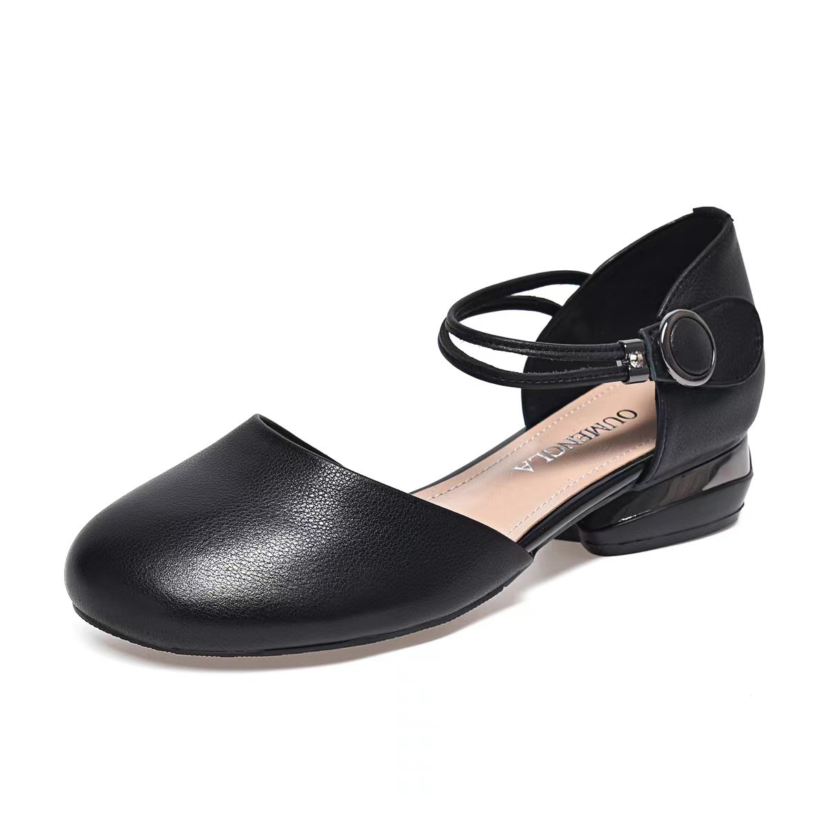 Sandal nữ mũi tròn da thật quai đơn gót thấp đế mềm — Màu đen