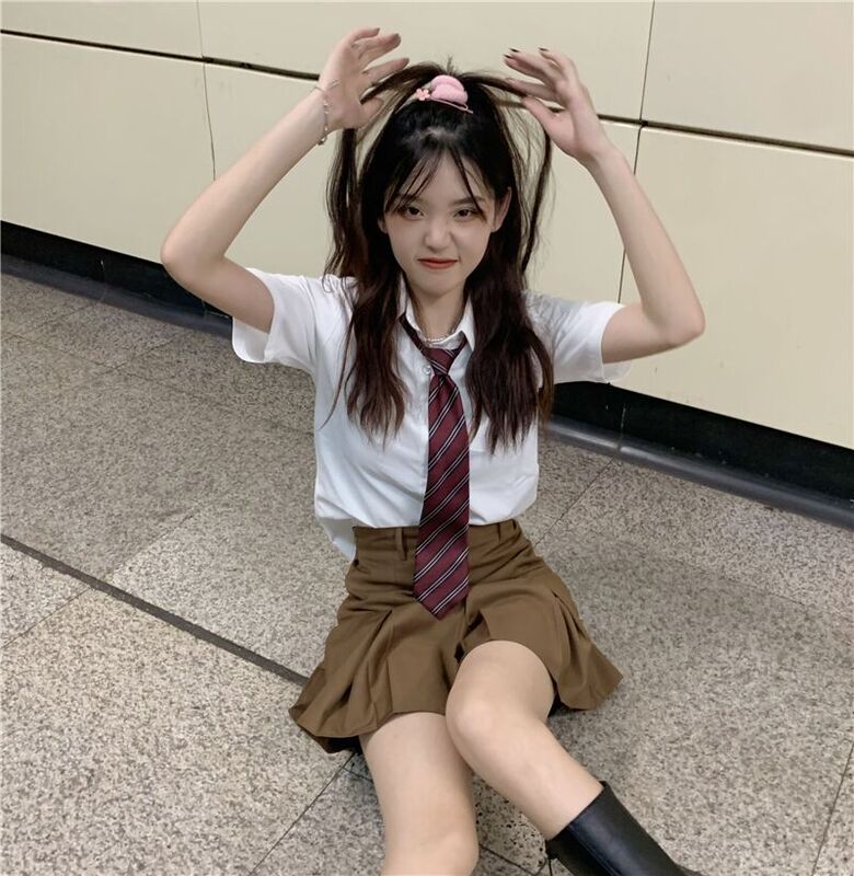 Curry Color jk Pleated Skirt Women's Summer Small High Waist Skirt British Academy Style Shirt Vest Short Skirt Set