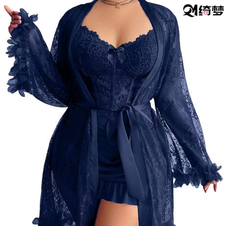 Cross-Border Plus-Size Autumn and Winter Steel-Ringed Sexy Lingerie Lace Mesh Nightgown See-Through Ruffle Long-Sleeve Robe Home Set