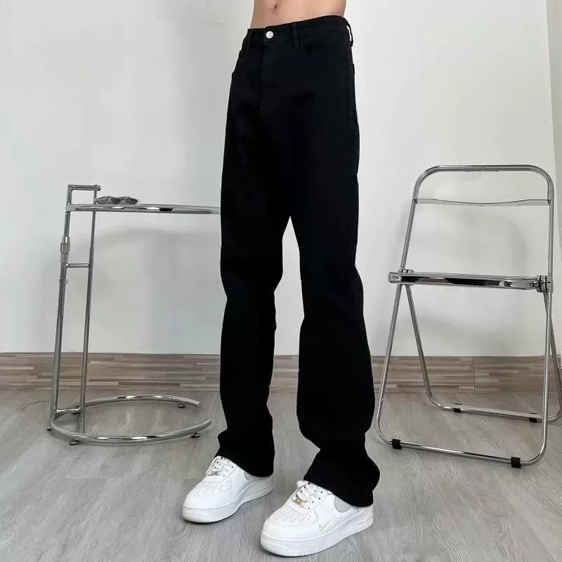 纯黑色弹力牛仔裤男夏季薄款美式高街vibe裤子显瘦修身直筒微喇裤