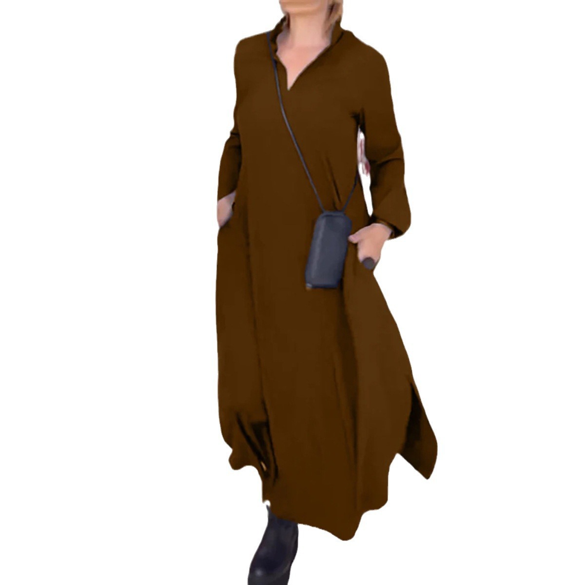 2026 Cross-Border Autumn/Winter New European And American Casual Loose Solid Color V-Neck Pullover Long Sleeve_ecoleips.com