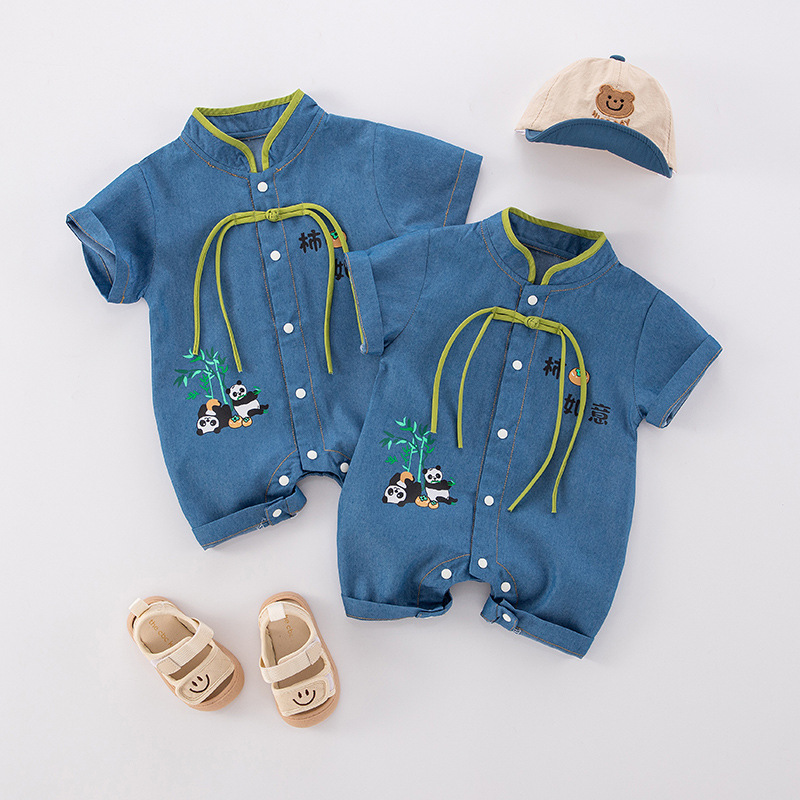 소년 소녀를위한  여름 새로운 부드러운 데님 세트 귀여운 인쇄 얇은 편안한 짧은 소매 등반 세트