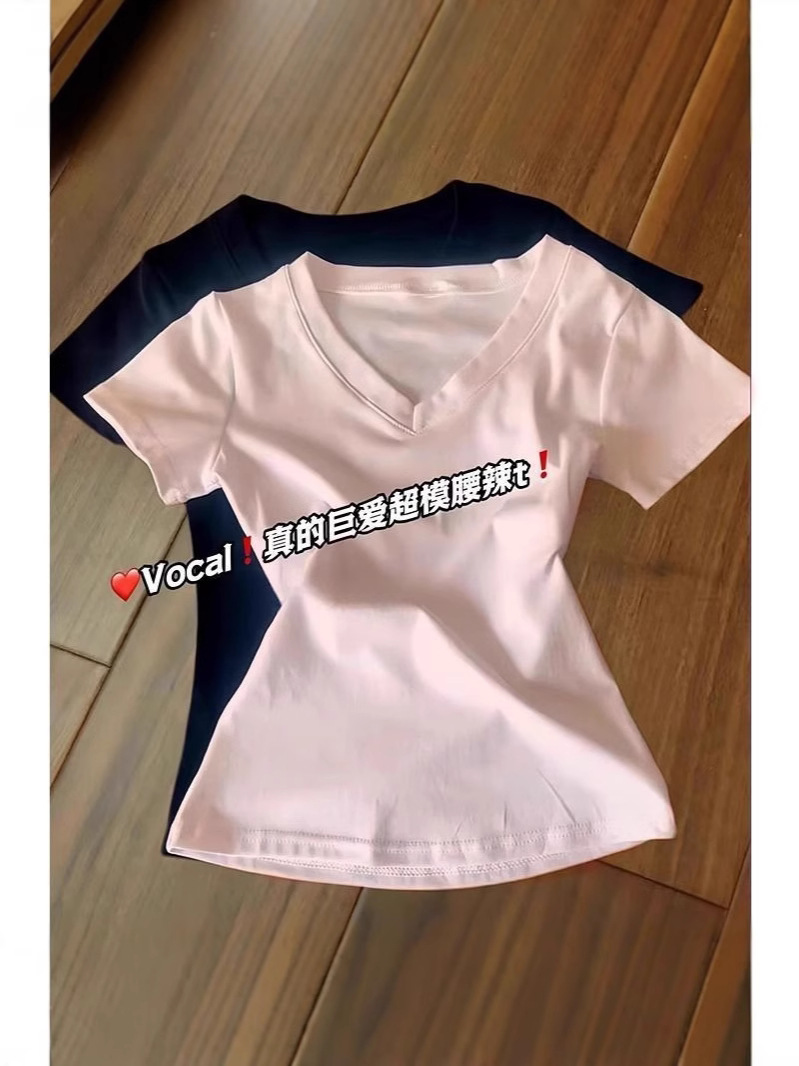 핑크 티셔츠 여성용 반팔 여름 어깨 V-넥 슬림 핏 가을과 겨울 2025 새로운베이스 셔츠 얇은 미국 긴팔 탑