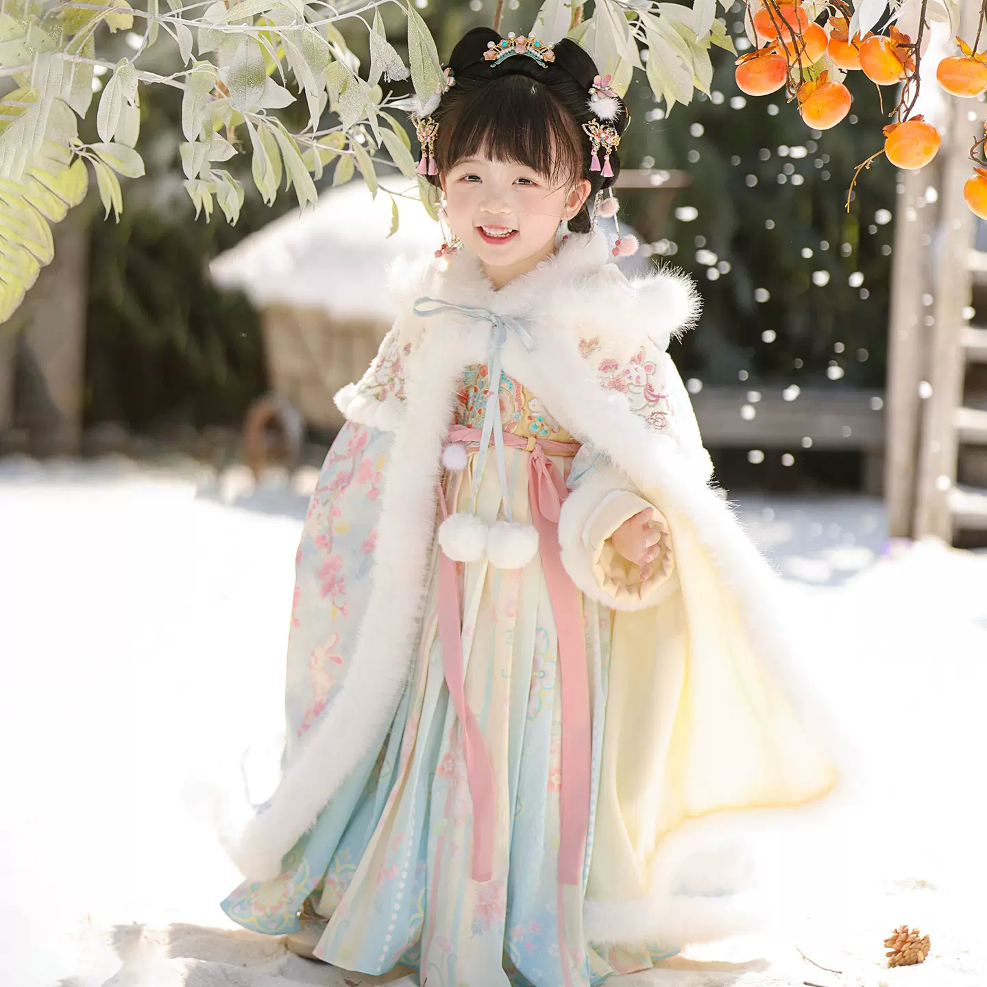 汉服女童冬款儿童古风仙气加绒中长款连帽大斗篷女宝加厚披风外套