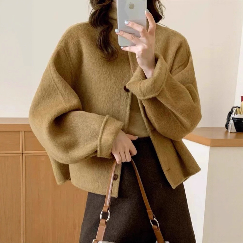 2025 Spring and Autumn Double-Sided Wool Coat for Women, Short Loose Korean Style Slimming Chanel-Inspired Round Neck Petite Woolen Coat