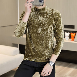 Huike Cang Europe Station Fashion Men's Half-High Collar Pleated Velvet Long Sleeve Base Shirt