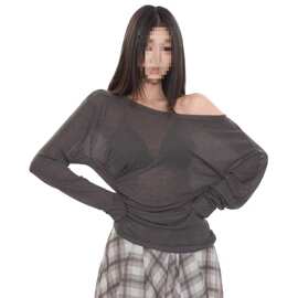 2026新款露肩T恤防晒罩衫女夏季松弛感薄纱宽松显瘦斜肩长袖上衣