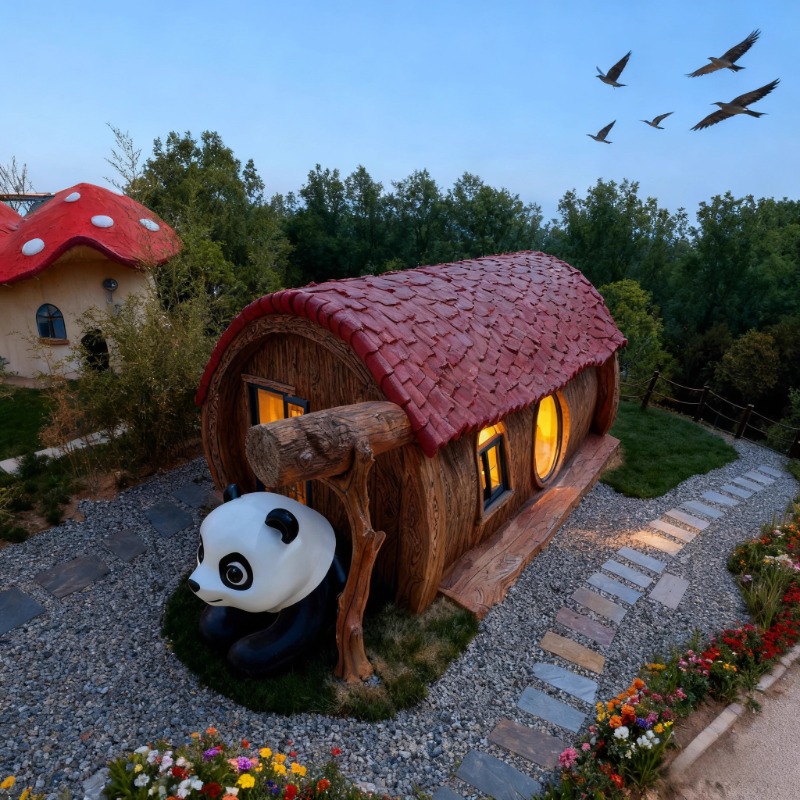 Casa de madera en forma de red Alojamiento residencial móvil Características de cuento de hadas Bosque Casa de frutas Casa de hongos Punto escénico Hotel de vacaciones Restaurante