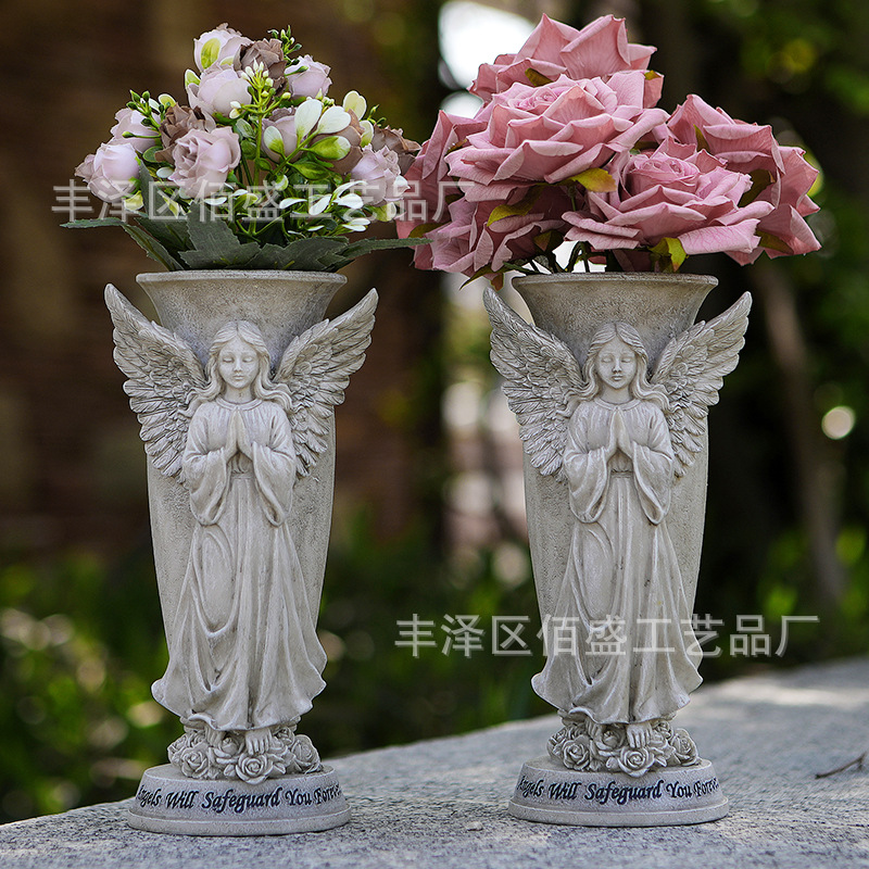 Adornos de jardín creativos con forma de ángel para cementerio, florero transfronterizo, arreglo floral, decoración conmemorativa para lápidas, estatua de resina artesanal.