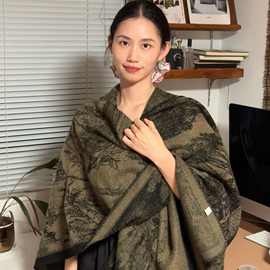 江南水乡文艺旅游披肩秋冬季仿羊绒针织围巾开叉油画披风斗篷外搭