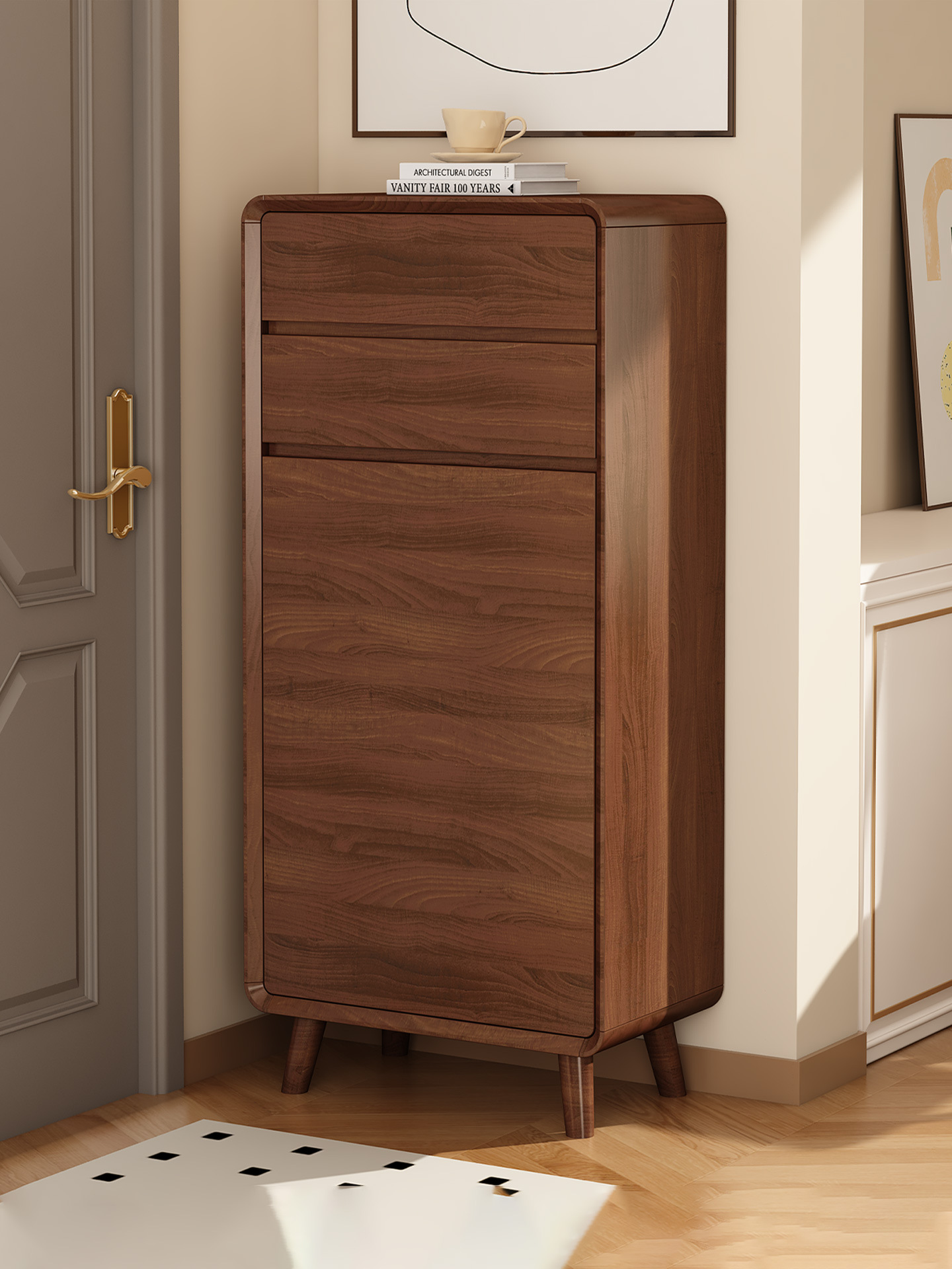 Single-Door Solid Wood Shoe Cabinet for Home Entrance, Narrow 50cm Small Apartment Storage Entryway Cabinet, Integrated Against the Wall to Save Space