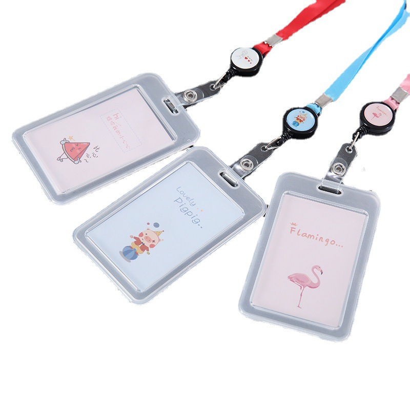 Portalápices transparente de PVC con cordón retráctil, diseño de dibujos animados, para tarjetas de estudiante, suministro al por mayor