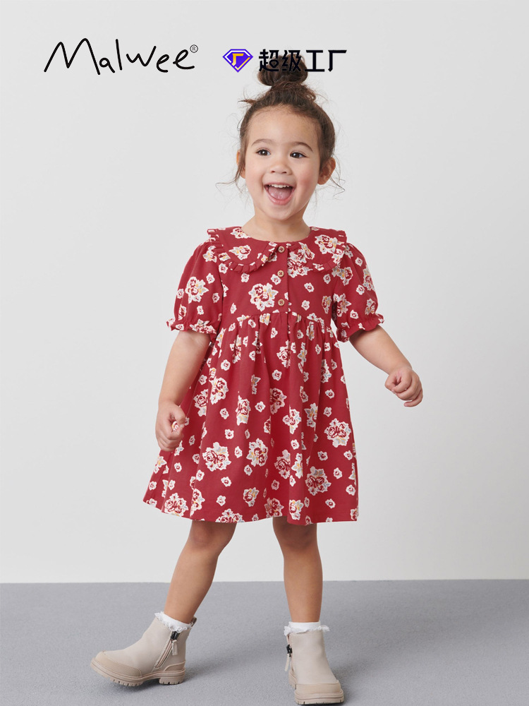 Vestido de verano para niños malwee transfronterizo nuevo vestido de niña linda de manga corta con cuello redondo para niños europeos y americanos