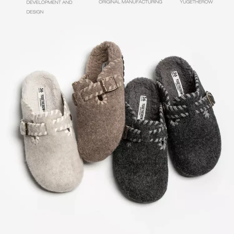 灰色毛呢勃肯鞋半拖毛毛鞋包头拖鞋女秋冬外穿2025新款厚底一脚蹬