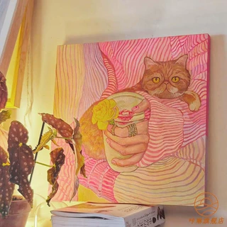 多巴胺系慵懒小猫咪客厅卧室背景墙装饰画小众艺术高级感挂画