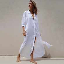 2021新款人棉单排扣宽松沙滩罩衫性感深V领度假防晒衫比基尼罩衫