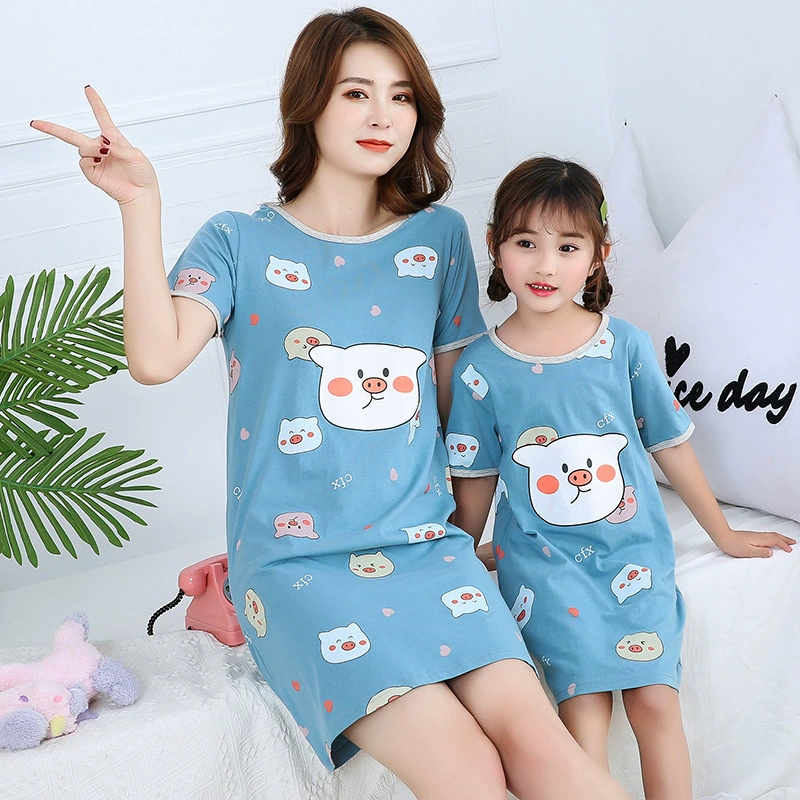 Детская ночная рубашка Летняя мультяшная хлопковая тонкая Пижама с короткими рукавами для девочек, свободная Пижама для мамы и дочери, платье для родителей и детей, домашняя одежда