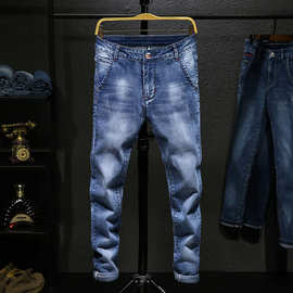 新款弹力牛仔裤男青少年休闲裤子男百搭韩版修身小脚男士长裤蓝色