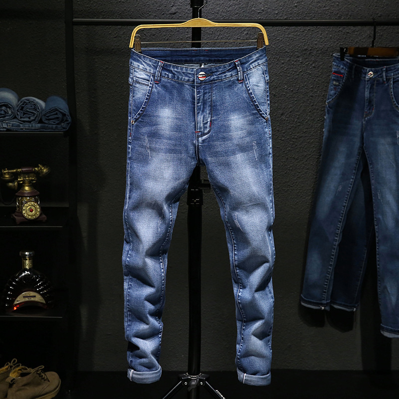 New Stretch Jeans for Men and Teenagers Casual Pants for Men Versatile Korean Style Slim Fit Men's Trousers Blue