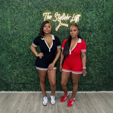 2025夏季欧美跨境新款美式休闲纯色性感连体衣连体裤排扣v领短袖