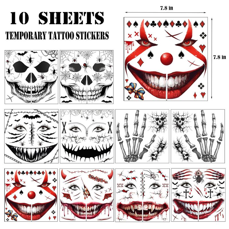 Halloween Mask Clown Quinn Tattoo Stickers Temporary Hand Bone Decorations Party Gifts Funny Face Stickers Wholesale