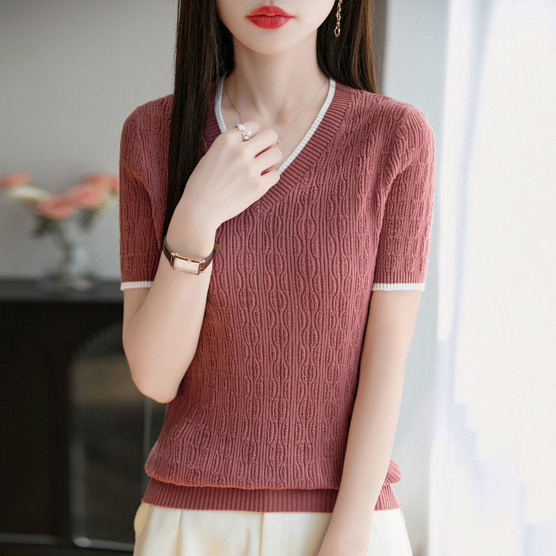 2025 New Summer Pure Cotton Thread V Neck Knitted Short-Sleeved T-Shirt Women's Jacquard Contrasting Color Loose Pullover Bottoming Shirt