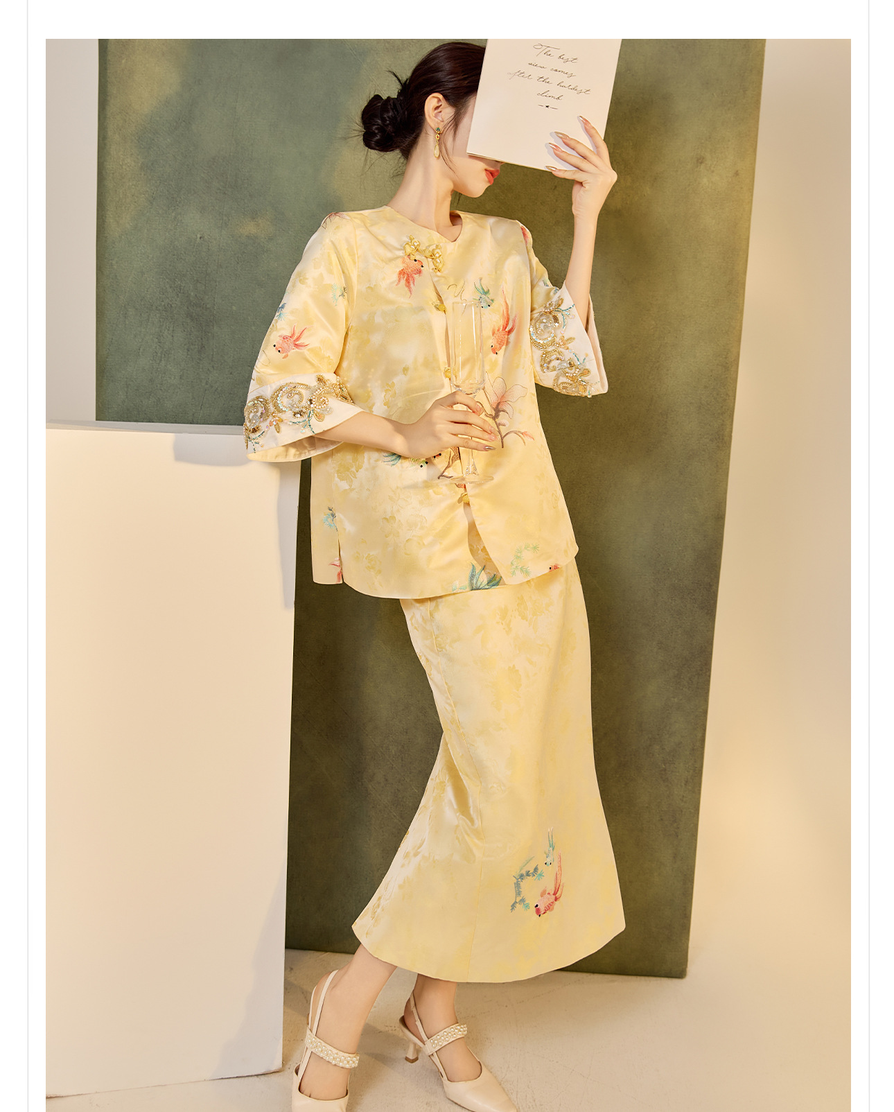 Bộ áo váy satin thêu jacquard cổ tròn phong cách Trung Hoa N6026 — áo, váy chi tiết 11