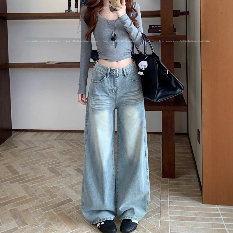New autumn loose-fit light blue wide-leg jeans for petite women, slimming straight-leg denim pants