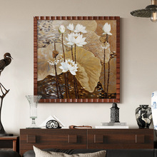 【池中荷】中古风肌理荷花纯手绘油画客厅玄关背景装饰画轻奢挂画