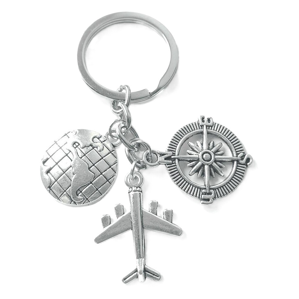 Llavero metálico de viaje con colgante de avión, brújula y cámara, estilo europeo y americano, ideal para graduación