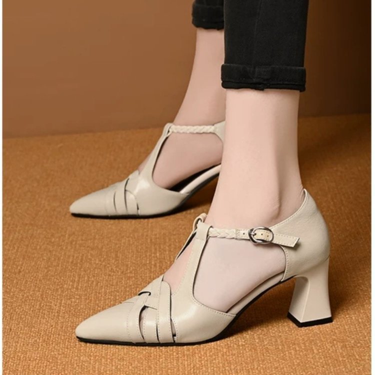 Sandalias de tacones gruesos retro franceses para mujeres 2026 verano nuevo velcro agujero agujero con tacones altos