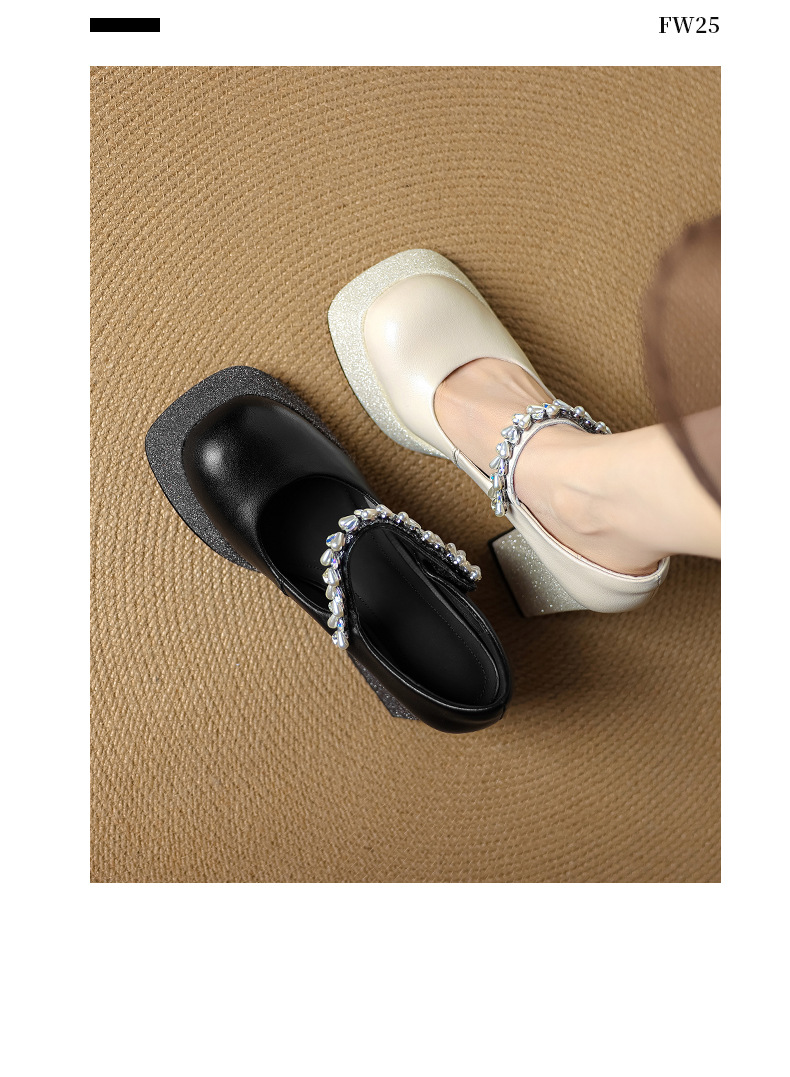 Giày Mary Jane cao gót nữ mũi vuông đính đá quai ngang đế dày platform gót thô 9 cm — Màu đen, Màu trắng be chi tiết 19