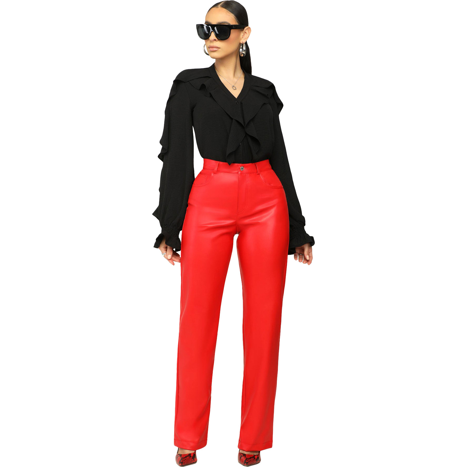 Einfarbiges Pendlerhemd mit Rüschen und unregelmäßigem Revers für Damen_voghion.com