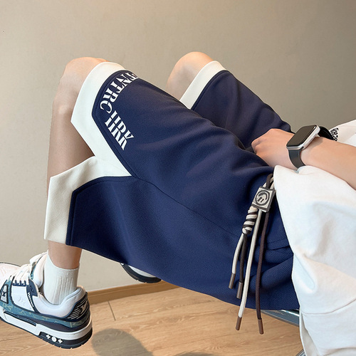 Blue-and-white designer sports five-pocket shorts for men—summer, American-style, plus-size, casual, loose-fit, straight-leg, and wide-leg pants