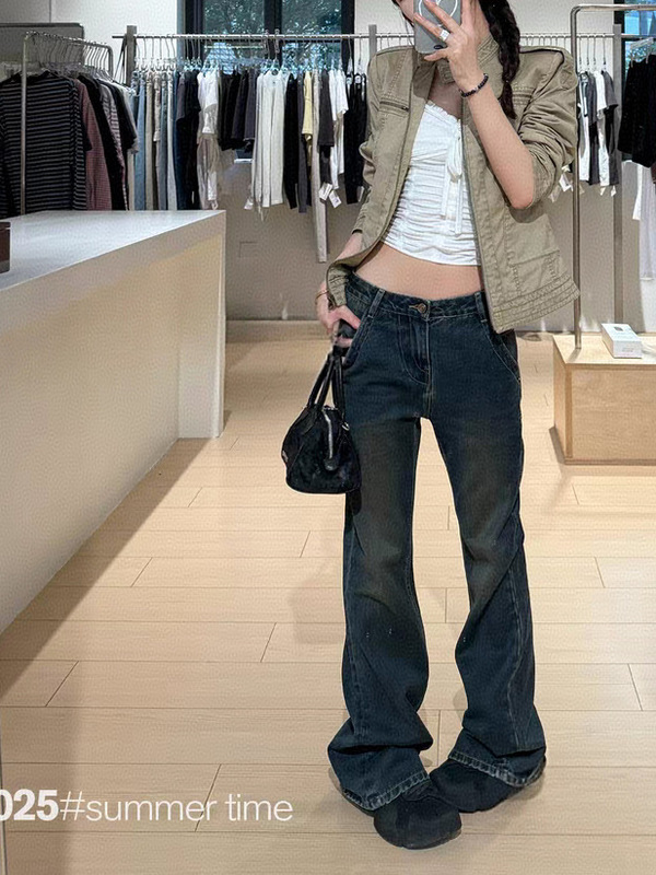 SUNONEON 做旧水洗蓝修身微喇牛仔裤女早秋美式复古百搭休闲裤子|undefined